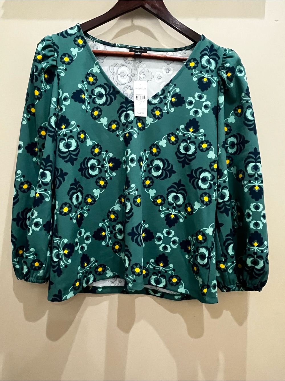 Ann Taylor Factory Teal Floral V-Neck Blouse with Yellow Dots